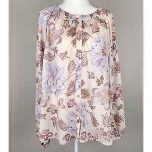 Melloday Blouse Women's  XL Floral Neutrals Blue Button Front Career Wear Boho